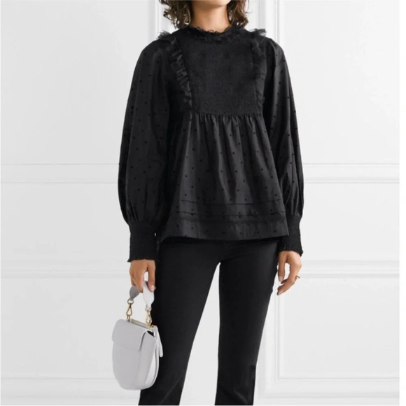 THE GREAT. The Portrait Tulle-Trimmed Flocked Cotton-Blend Voile Smocked Blouse - Picture 2 of 16